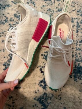 adidas NMD R1 Cloud White with Pink and Teal Accents